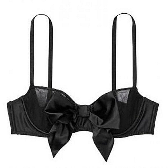 Victoria's Secret Wicked Unlined Sheer Black Satin Bow Balconette Bra 32F 32DDD